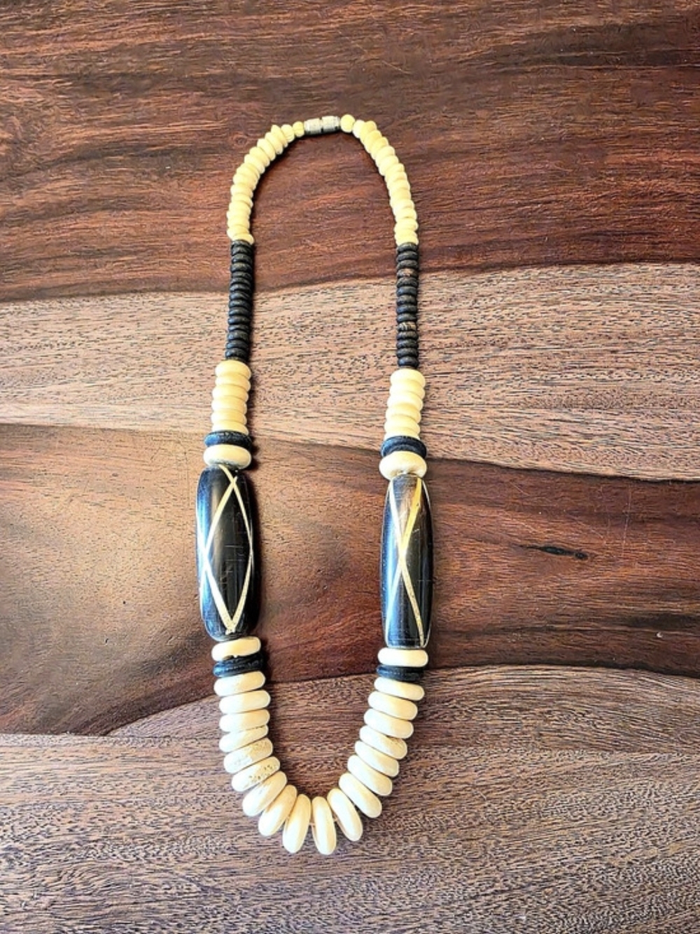 Vintage Atrisan Beaded Statement Necklace in Black & Cream.